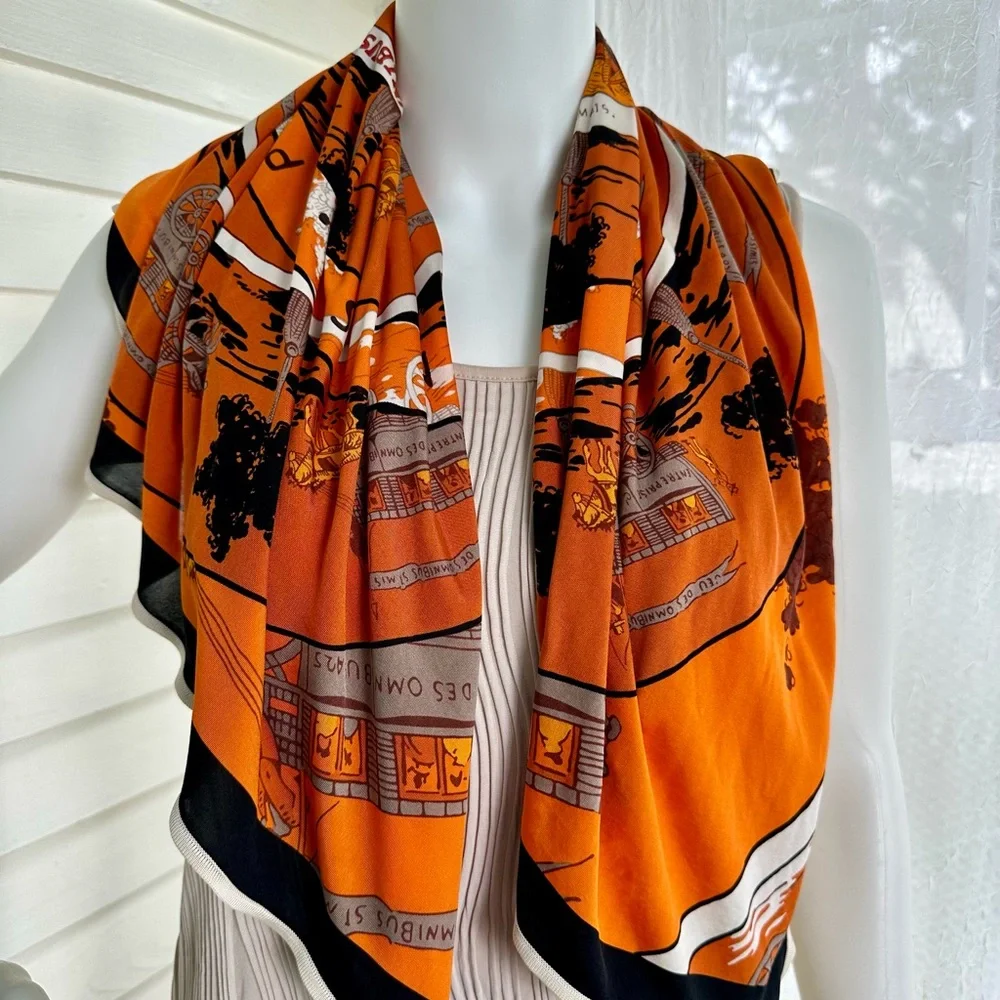 Hermes Silk Jersey 38” by 35”scarf shawl wrap Jeu Des Omnibus Et Dames Blanches